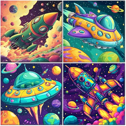 MAXBYE 4 Pack Paint by Number for Kids on Pre Drawn Canvas Boards, Astronaut Color by Number Kids 8-12 with Brushes, DIY Easy Acrylic Oil Painting Arts and Crafts for Home Wall Decor 8x8 in - color: BK4ZH049