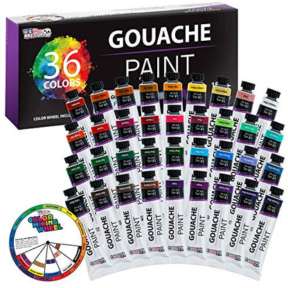 U.S. Art Supply Professional 36-Color Gouache Paint Set in Large 18ml Tubes & Color Mixing Wheel - Gouache Paint Tubes for Artists, Students, Beginners
