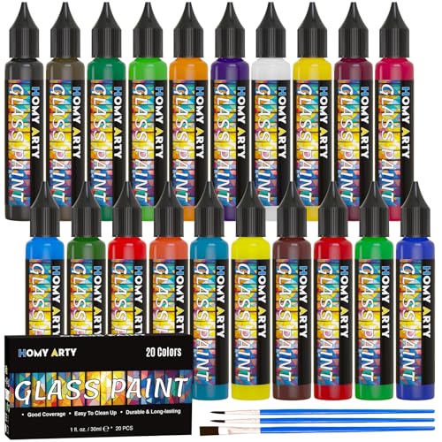 HOMY ARTY Glass Paint 20 Colors (1 fl oz Each) with 3 Brushes, Permanent No-Bake Acrylic Enamel Paint, Waterproof Stained Glass Paints, for Glass Painting, Ceramics, Light Bulbs and Windows