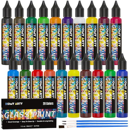 HOMY ARTY Glass Paint 20 Colors (1 fl oz Each) with 3 Brushes, Permanent No-Bake Acrylic Enamel Paint, Waterproof Stained Glass Paints, for Glass Painting, Ceramics, Light Bulbs and Windows