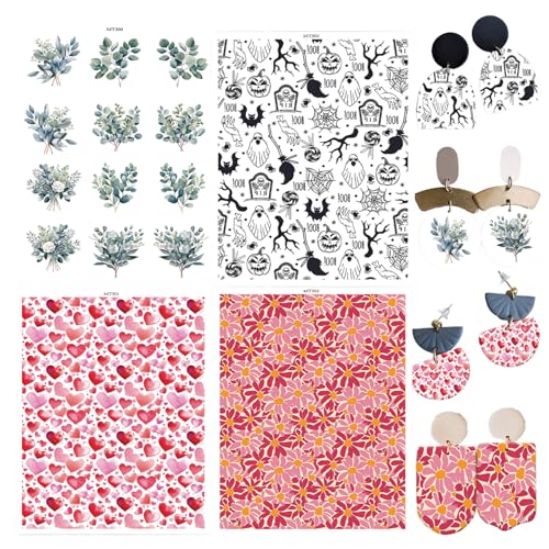 24 Sheets Transfer Paper for Polymer Clay,Love Halloween Theme Red Flower 4 Different Gradient Background Print Polymer Clay Transfer Paper for DIY Art Jewelry Earrings Making 5.82X3.93 inch - color: 4 Patterns Sets