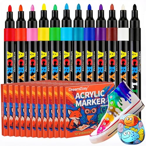 Acrylic Paint Markers, 144 Pack with 12 Colors Medium Tip Acrylic Paint Pens for Painting on Rocks, Canvas, Ceramic, Wood, Glass for Artists and Adults, DIY, Holiday Decorations & Art Supplies - style: 144 Pack