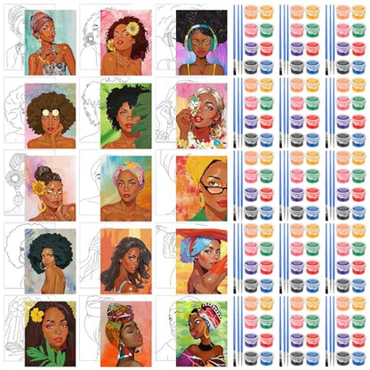 Sherr 75 Pcs 15 Set Pre Drawn Canvas Kit for Painting Craft Sip and Paint Kit for Adults Boho Black Women Pre Printed Canvas Painting Favor for DIY Black History Month Gifts Adult's Date Party - style: Boho Lady