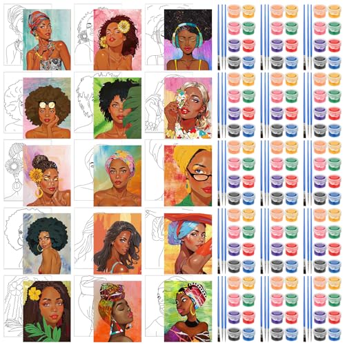 Sherr 75 Pcs 15 Set Pre Drawn Canvas Kit for Painting Craft Sip and Paint Kit for Adults Boho Black Women Pre Printed Canvas Painting Favor for DIY Black History Month Gifts Adult's Date Party - style: Boho Lady
