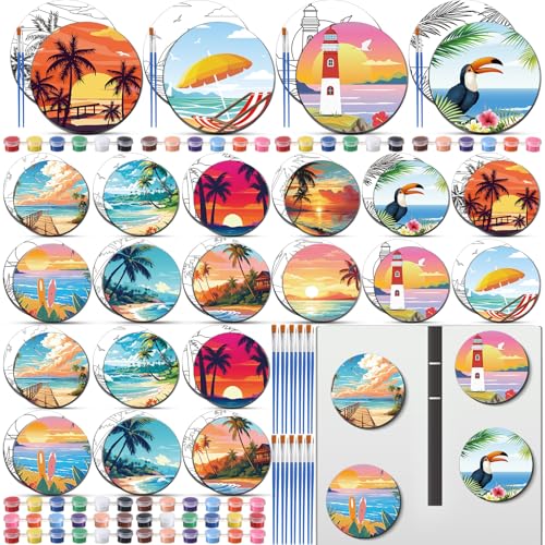 24 Pcs Magnetic Canvas Mini Round Canvas Boards Pre Drawn Canvases with Brushes Acrylic Paints Pre Printed Painting Boards for Students DIY Fridge Locker Art Craft(Hawaii)