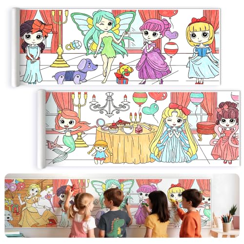 118" x 15" Giant Sticky Coloring Paper Roll for Kids Ages 4-8, Perforated for Easy Tearing Drawing Rolls, DIY Sticky Coloring Paper Roll for Kids Ages 4-8, Princess-Themed Drawing Rolls - color: Lovely Princess