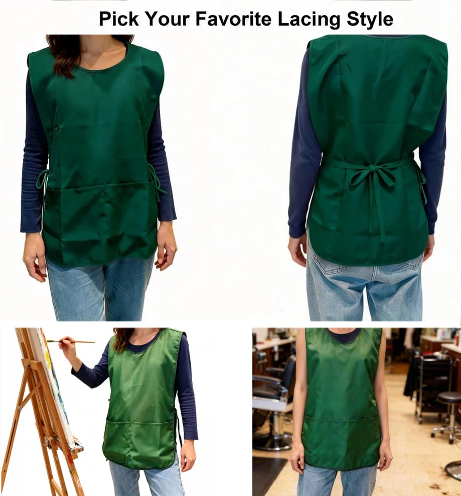 Large Smock Cobbler Apron for Men & Women, Adjustable Side Ties & 2 Pockets - color: Green