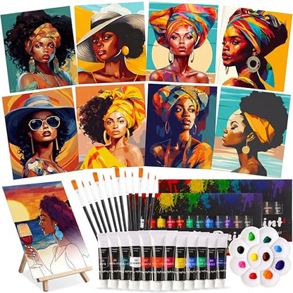 Cholemy 36 Pcs Paint and Sip Kit for Adults 8''x10'' Pre Drawn Canvas for Painting DIY Afro Acrylic Painting Kit Wood Easel Brushes Date Night Bulk for Summer 4th of July Party Gift(African Women) - style: African Women