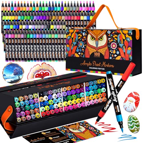 Aen Art 100 Colors Acrylic Paint Marker – Precision Brush Tip Paint Pens Work on Paper, Rock Painting, Stone, Wood, Glass, Ceramic, DIY & Art Supplies – Classroom & Art Supplies Gift - color: 100-Color