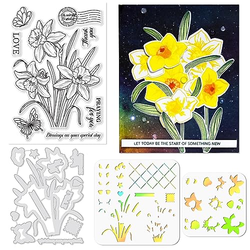 ORIGACH Realistic Daffodil Flower Stamps and Dies and Layering Coloring Stencil Set, Silicone Stamps Metal Die Cut and Flower Stencil Template for Card Making Scrapbooking DIY Crafting - color: Daffodil