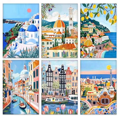 KEYIFA 6 Pack Paint by Numbers Kit, Stretched Canvas Boards for Painting for Adults, No Crease Acrylic Oil Painting for Students Beginners Favor Sip & Paint Party Supplies, Scenery-Cityscape (8x12) - color: 005-Landmarks