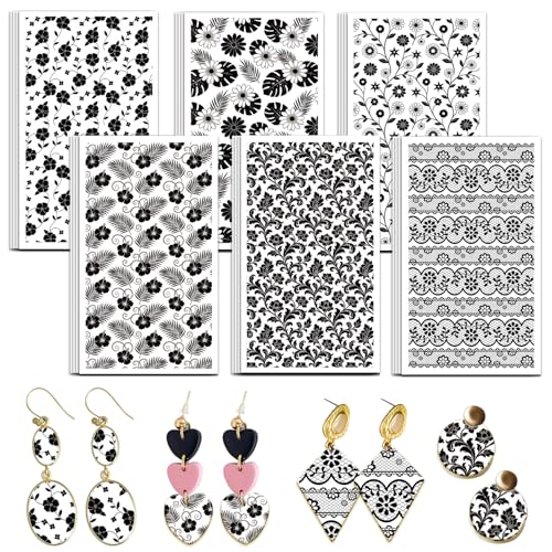 OLYCRAFT 24Pcs Black Flowers Clay Transfer Paper 6 Design White Watercolor Floral Transfers Paper for Polymer Lace Polymer Clay Transfer Sheets Small Ceramic Decal for Clays Earrings Jewelry Making - style: Black White Floral