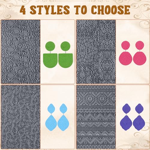 4Pcs Polymer Clay Texture Sheets with 100Earring Hooks,100Open Jump Rings,100Silicone Earring Backs Clay Texture Mat Floral Boho Clay Texture Stamps Tools for Earrings Jewelry Making DIY Crafts