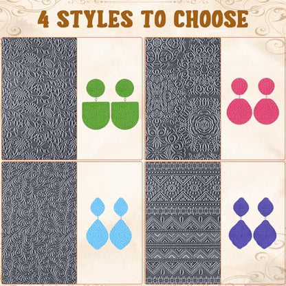 4Pcs Polymer Clay Texture Sheets with 100Earring Hooks,100Open Jump Rings,100Silicone Earring Backs Clay Texture Mat Floral Boho Clay Texture Stamps Tools for Earrings Jewelry Making DIY Crafts