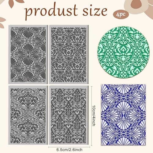 4 Pcs Damask Patterns Texture Pattern Polymer Clay Texture Sheet Rubber Clay Texture Mat for Polymer Clays Making Earrings Jewelry DIY Crafts, 4 × 2.5 Inch - style: Damask Patterns