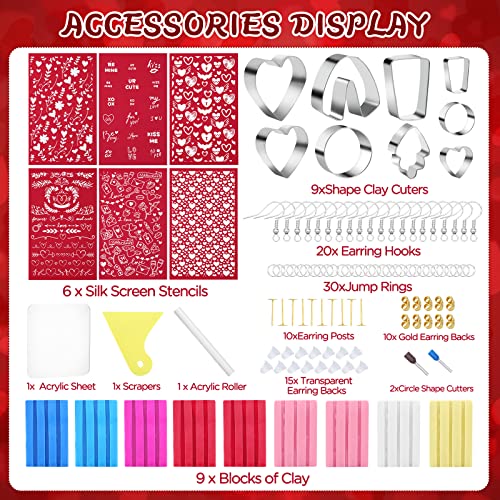 Rumia 114Pcs Polymer Clay Earring Making Kit: 6 Stencils, 9 Colors & Shapes, Tools & Accessories - Valentine's Day Gift