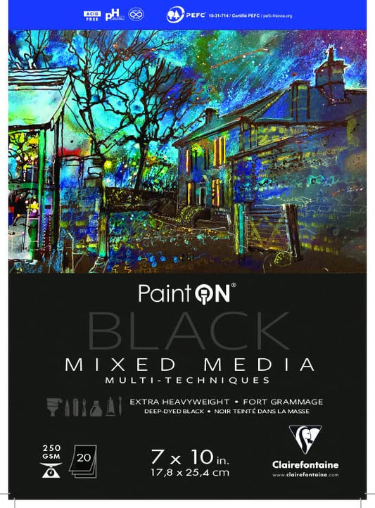 Clairefontaine - Ref 975490C - Paint'ON Mixed Media Black Glued Pad (20 Sheets) - 17.8 x 25.4cm (7 x 10in), 250gsm Heavyweight Paper, Acid Free (USA Version) - color: Black, size: 7-x-10-Inch