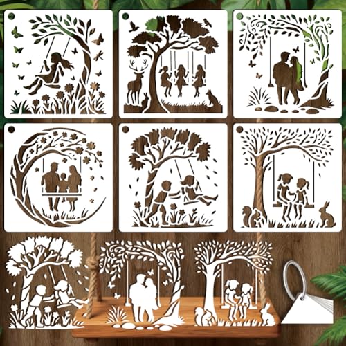 6 Sheets Tree Swing Stencils for Painting, 6 Styles Family Friends Swinging Under The Tree Wall Stencil Template Flower Tree Branch Stencils for Painting on Wall Wood Home Decor - style: Swing under the Tree