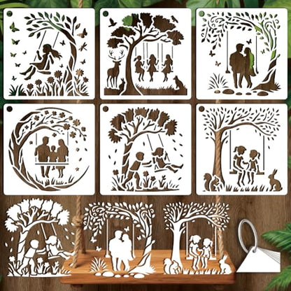 6 Sheets Tree Swing Stencils for Painting, 6 Styles Family Friends Swinging Under The Tree Wall Stencil Template Flower Tree Branch Stencils for Painting on Wall Wood Home Decor - style: Swing under the Tree