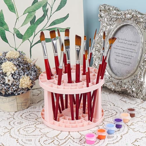 Round 50 Hole Paint Brush Holder and Organizer, Makeup Cosmetic Brushes, Pencils, Pens, Markers, Art Tools, Desk Stand (Pink) - color: Pink