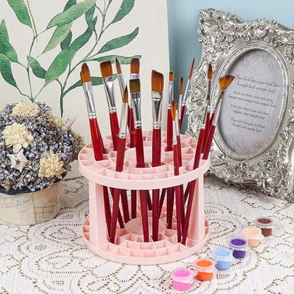 Round 50 Hole Paint Brush Holder and Organizer, Makeup Cosmetic Brushes, Pencils, Pens, Markers, Art Tools, Desk Stand (Pink) - color: Pink
