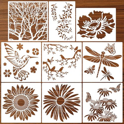 Large Flower Stencils for Walls 11.8inch Hummingbird Dragonfly Stencil Reusable Daisy Sunflower Tree Vine Stencils for Painting on Wood Fence Wall Furniture Fabrics DIY Decor - style: Nature