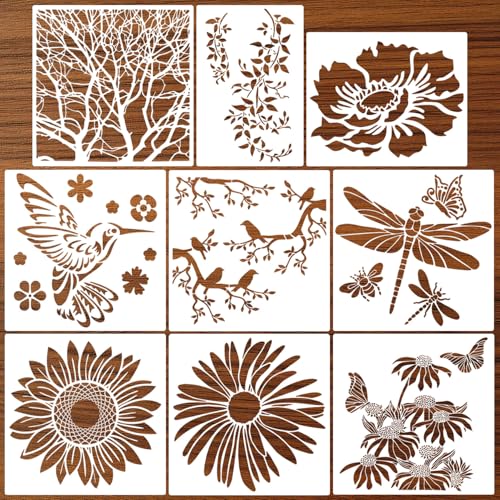 Large Flower Stencils for Walls 11.8inch Hummingbird Dragonfly Stencil Reusable Daisy Sunflower Tree Vine Stencils for Painting on Wood Fence Wall Furniture Fabrics DIY Decor - style: Nature