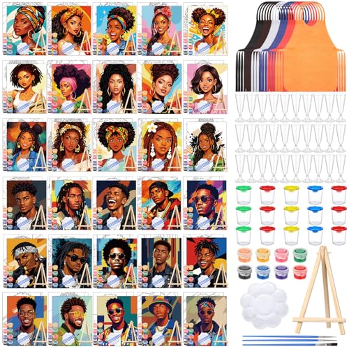 Sherr 285 Pcs 30 Sets Sip and Paint Kit for Adults, Pre Drawn Canvas Kit for Painting Acrylic Painting Favor Bulk for DIY Birthday Gifts Adult Date Night Party Suppliers(Stylish African Figures) - style: Stylish African Figures