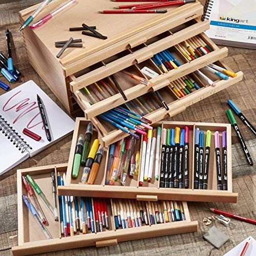 KINGART Wood 6-Drawer Artist SUPPLY STORAGE BOX, 15-3/4” W x 10” D x 6-1/2” H, Natural Finish, Storage for Art Materials including Paint Tubes, Pastels, Pencils, Markers, Brushes and more