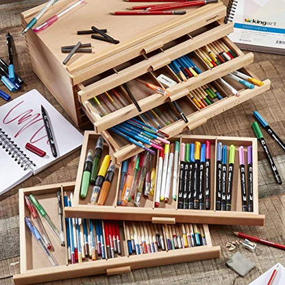 KINGART Wood 6-Drawer Artist SUPPLY STORAGE BOX, 15-3/4” W x 10” D x 6-1/2” H, Natural Finish, Storage for Art Materials including Paint Tubes, Pastels, Pencils, Markers, Brushes and more