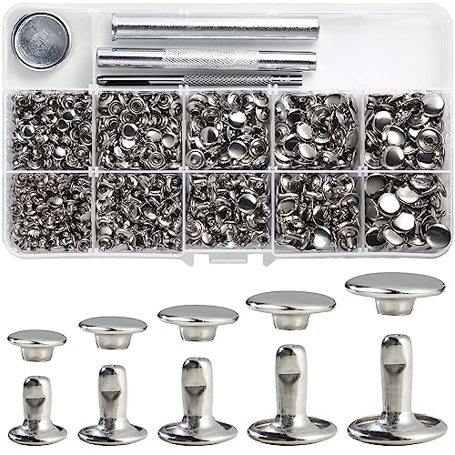 YORANYO 340 Sets Leather Rivets Kit Mixed Sizes Rivets for Leather Double Cap Rivets Studs for Clothing Fabric with Leather Crafting Rivet Tool for Repair Decorate Clothes Shoes Bags Belts (Silver) - color: Silver