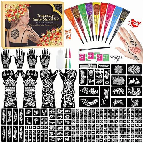 255 Pcs Temporary Tattoo Kit with 9 Colors Tattoo Cones, Large 18 Sheets Temporary Tattoo Stencil, Designed Tattoos Pattern for Kids Adults,Body Art DIY Skin Painting Gifts Set for Party Festival - color: B-9Pcs