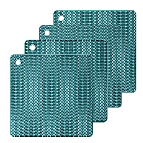Teal Silicone Trivets Mats Silicone Pot Mat for Countertop Trivet Pads Heat Resistant Table Placemats 4 Pack,Size:7.5x7.5 Inch, Shape: Square - color: E: Teal