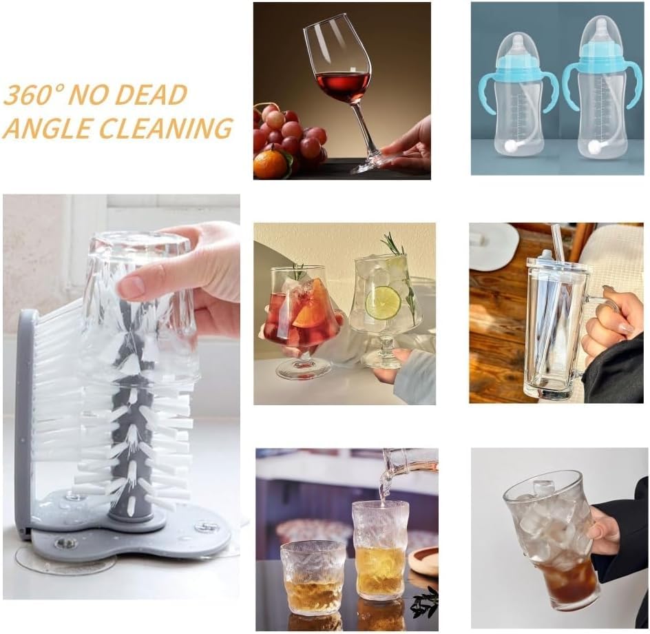 360° Glass Cup Cleaning Brush, Water Bottle Cleaning Glass Washer Cup Sink Washer Brush with Suction Base Bristle Brushfor Sink, Flexible Bristles Double Sided Glass Cup Cleaning Brush (Black+White)