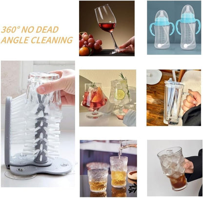 360° Glass Cup Cleaning Brush, Water Bottle Cleaning Glass Washer Cup Sink Washer Brush with Suction Base Bristle Brushfor Sink, Flexible Bristles Double Sided Glass Cup Cleaning Brush (Black+White)