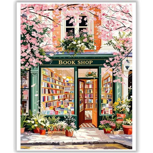 HITO Book Shop Paint by Numbers Kit for Adults - Book Shop Paint by Number for Adults for Gift Home Wall Decor 16x20 Inch - color: Book Shop