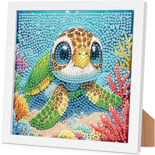 Sea Turtle Diamond Art Painting Kits for Kids with Frame, Animal Diamond Art for Kids Ages 4-8-12 with Frame, Easy Small Cute Gem Painting Kit for Gift Home Wall Decoration (7x7 inch) - color: CC1004-US