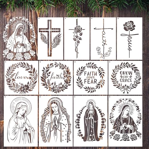 Sitsink Religious Stencils for Crafts Reusable - 12 Pcs Chiristian Cross Inspirational Stencils for Wood Burning Wall Furniture Decor Drawing Template - style: religious