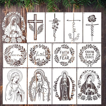 Sitsink Religious Stencils for Crafts Reusable - 12 Pcs Chiristian Cross Inspirational Stencils for Wood Burning Wall Furniture Decor Drawing Template - style: religious