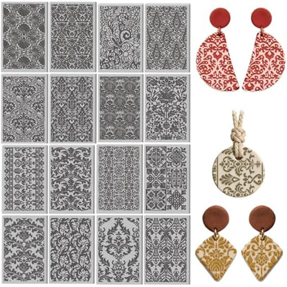 16 Pcs Damask Patterns Texture Pattern Polymer Clay Texture Sheet Bohemian Complex Flowers Patterns Rubber Clay Textures Mat for Polymer Making Earrings Jewelry DIY Crafts 4 × 2.5 Inch