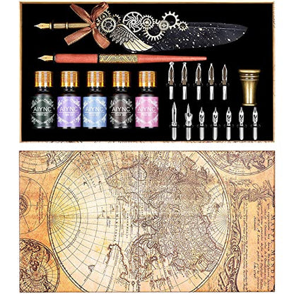 Quill Pen, Quill Pen Ink Set Including Mechanical Feather Pen and Wooden Dip Pen, 5 Colors of Ink, 12 Replacement Nibs, Pen Holder, Envelope and Letter Paper (Black) - color: Black