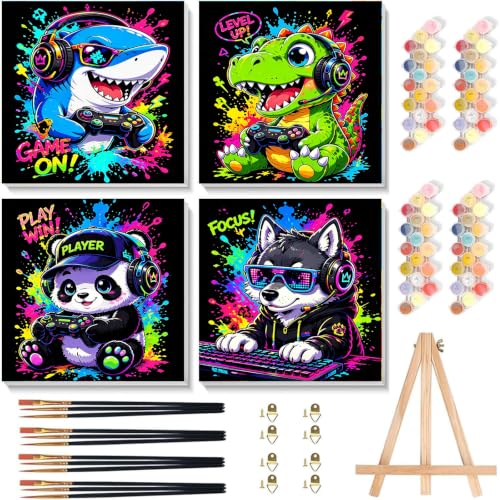 4 Pack Paint by Numbers Kit for Kids with Frame, Cute Animals Playing Video Games Kids Paint by Numbers Ages 4-8-12 with Wooden Easel, Easy Oil Painting by number for Gift Home Wall Decor(8x8 inch) - color: BKH2724+BKH2725+BKH2726+BKH2727-US