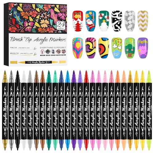 24 Colors Nail Art Markers Set, Kalolary 3D Nail Art Pens Double-headed Nail Point Graffiti Dotting Pen Quick-Drying Drawing Painting Liner Brush for DIY Nail Art Home & Salon Manicure Tools - color: 24 Color_D