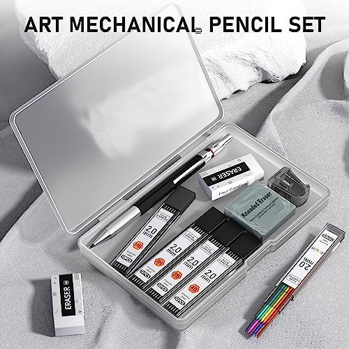 Four Candies 2MM Mechanical Pencil Set with case, Artist Led Pencil Metal Lead Holder with 60PCS Graphite Lead Refill (HB, 2H, 2B, 4B, Color) Kneaded Eraser, Sharpener for Writing, Drawing, Sketching - size: 9 Piece Set