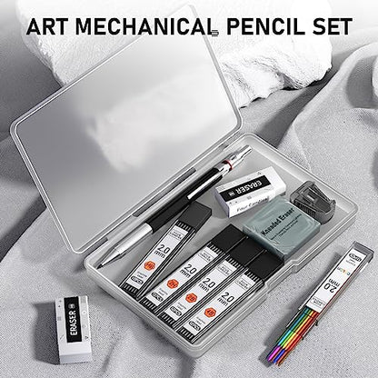 Four Candies 2MM Mechanical Pencil Set with case, Artist Led Pencil Metal Lead Holder with 60PCS Graphite Lead Refill (HB, 2H, 2B, 4B, Color) Kneaded Eraser, Sharpener for Writing, Drawing, Sketching - size: 9 Piece Set