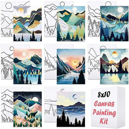 8 Pack Pre Drawn Canvas to Paint for Adults Kids, Sip and Paint Kit Party Supplies Painting Set for Artist, Beginner, Stretched Outline Canvas Landscape Party Favor(8x10) - size: 8x10, style: style 8