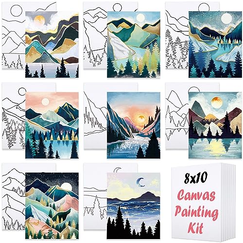 8 Pack Pre Drawn Canvas to Paint for Adults Kids, Sip and Paint Kit Party Supplies Painting Set for Artist, Beginner, Stretched Outline Canvas Landscape Party Favor(8x10) - size: 8x10, style: style 8