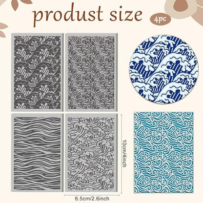 4 Sheets Ocean Waves Pattern Clay Texture Mat, 3.9x2.6in | 4 Styles Polymer Clay Texture Sheets with Ocean Wave Design. For Pottery, Earring, Jewelry and Stamp Engraving - style: Ocean