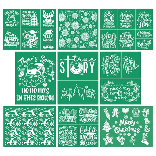 DGAG 9PCS Christmas Self-Adhesive Silk Screen Stencils,HO HO HO Screen Printing Stencils for Craft Xmas Chalk Paste Stencil Transfers Reusable Stencils for Painting on Wood Fabric Farmhouse - color: 9 PCS silk screen stencils