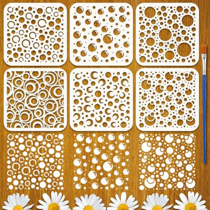 FINGERINSPIRE 6PCS Bubble Pattern Painting Stencils with Paint Brush 5.9x5.9inch Round Moon Drawing Templates Bubbles Silhouette Stencils Daily Theme Template for Wall Floor Furniture Decoration - style: Bubble Pattern